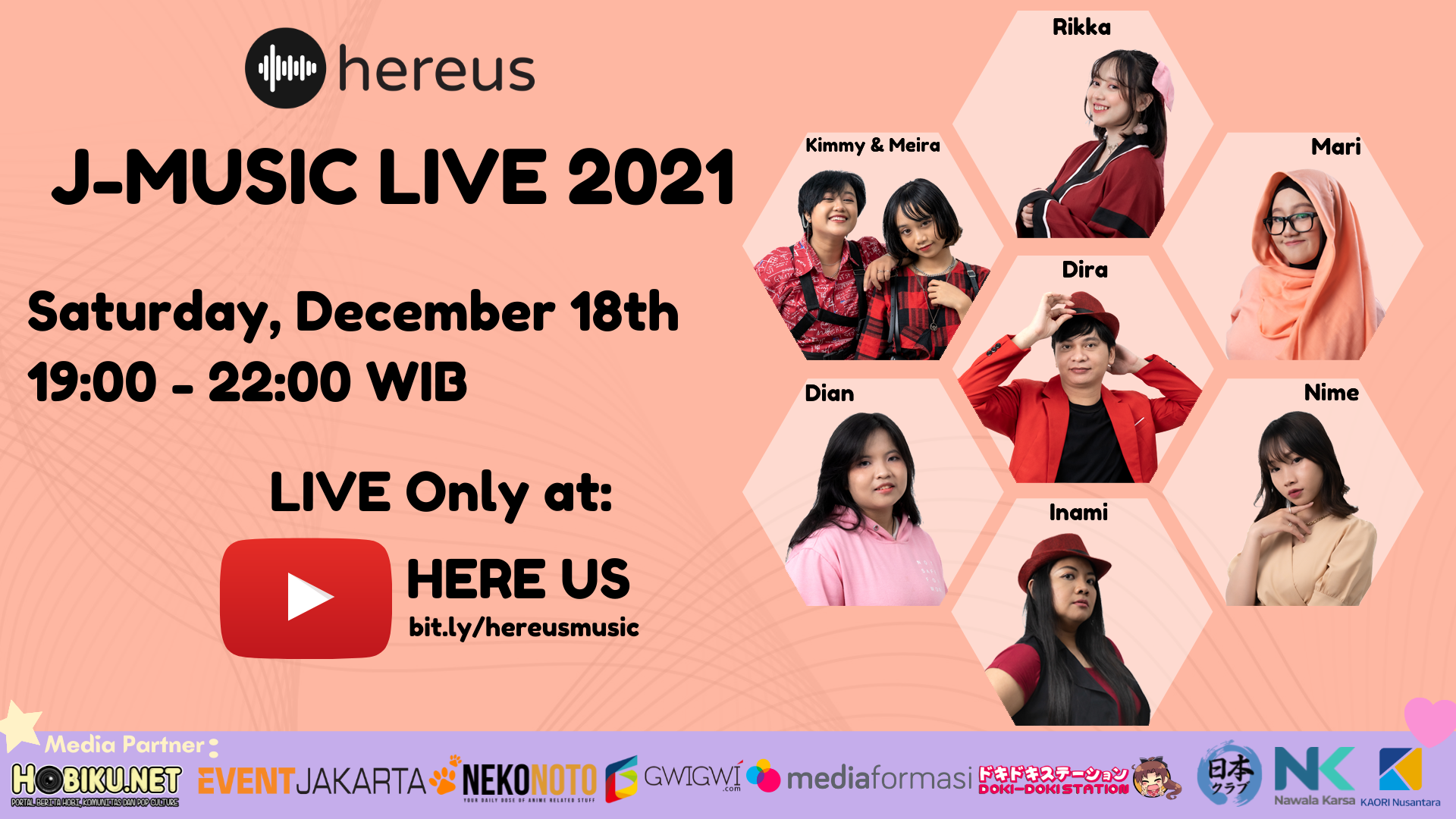 [Press Release] Komunitas Pecinta Musik Jepang bernama “HERE US” Mengadakan “J-Music Live 2021” Konser Virtual Musik Cover Lagu Jepang secara Live melalui Youtube HERE US.